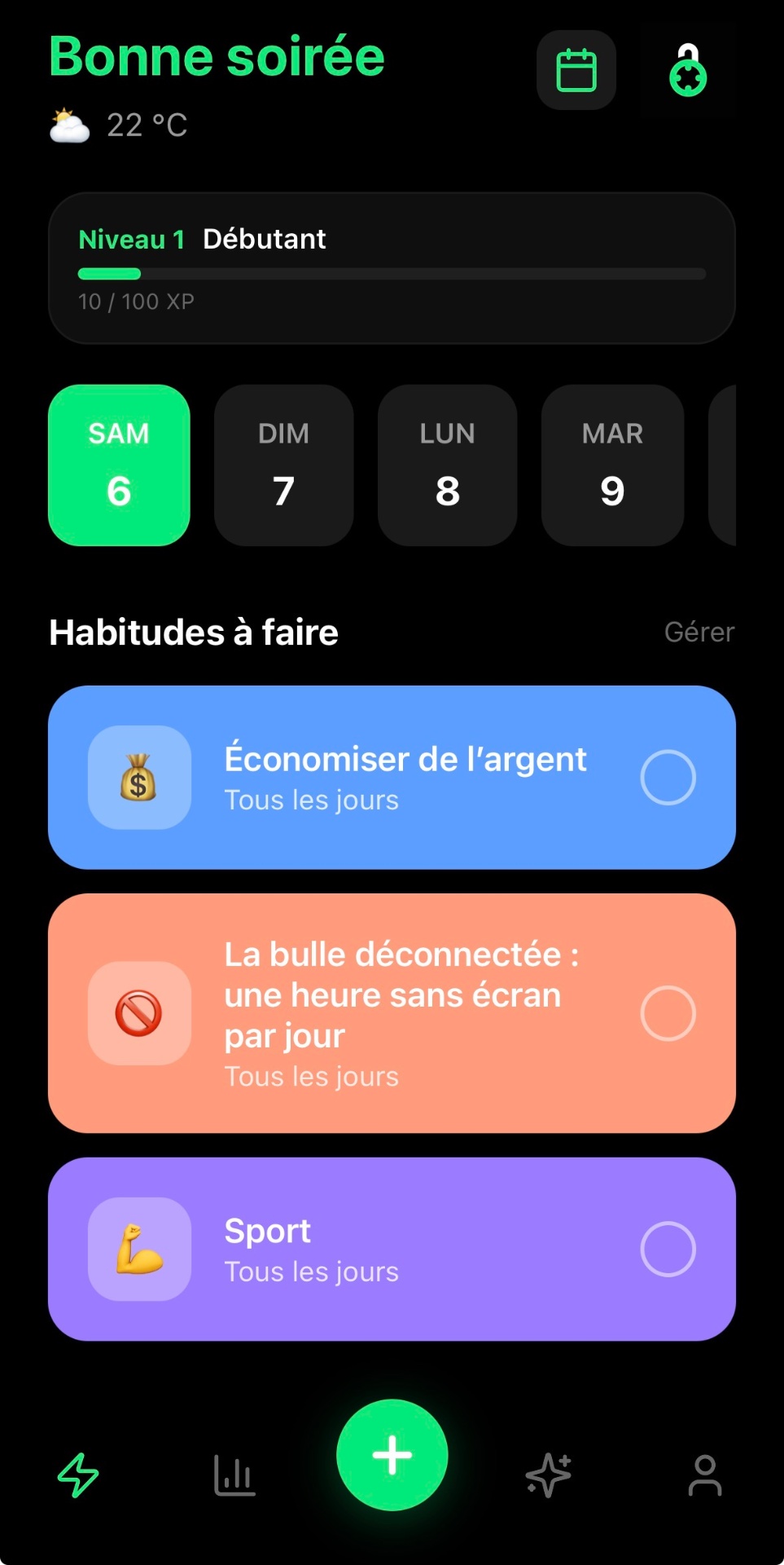 Écran d'accueil avec habitudes du jour